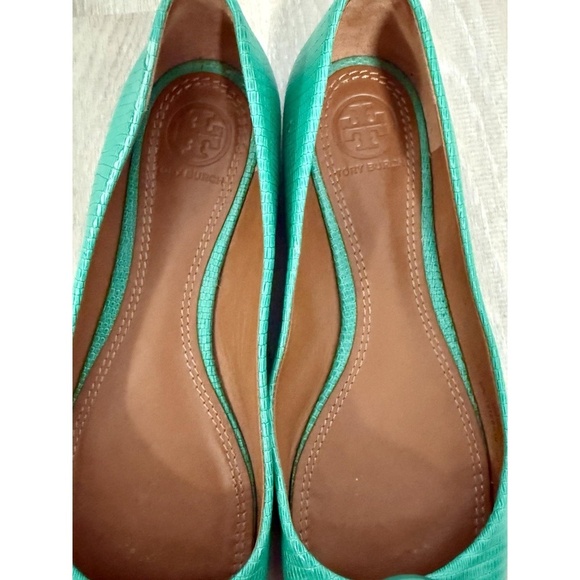 TORY BURCH Size 6.5 M Mini Miller Pond Green Logo Ballet Flat Leather Shoes - Picture 10 of 13